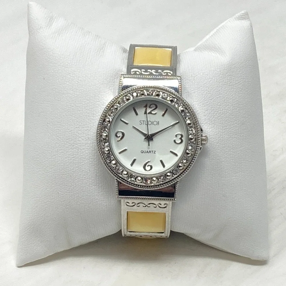 Studio Time Watch Women 32mm Silver Tone Yellow MOP Inlay Cuff Bling New Battery